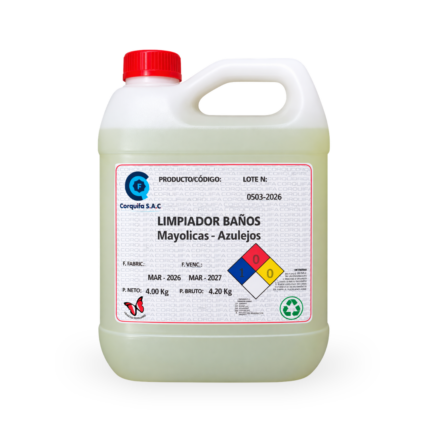 Galón de 4 litros de producto químico, indicado para limpiar baños y mayolicas
