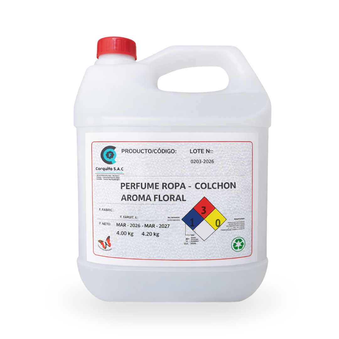 Un galón con líquido para perfumar colchones en fondo blanco.