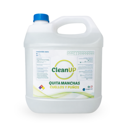 Envase de limpiador especializado en cuellos y puños, con la inscripción "clean up - quita manchas".