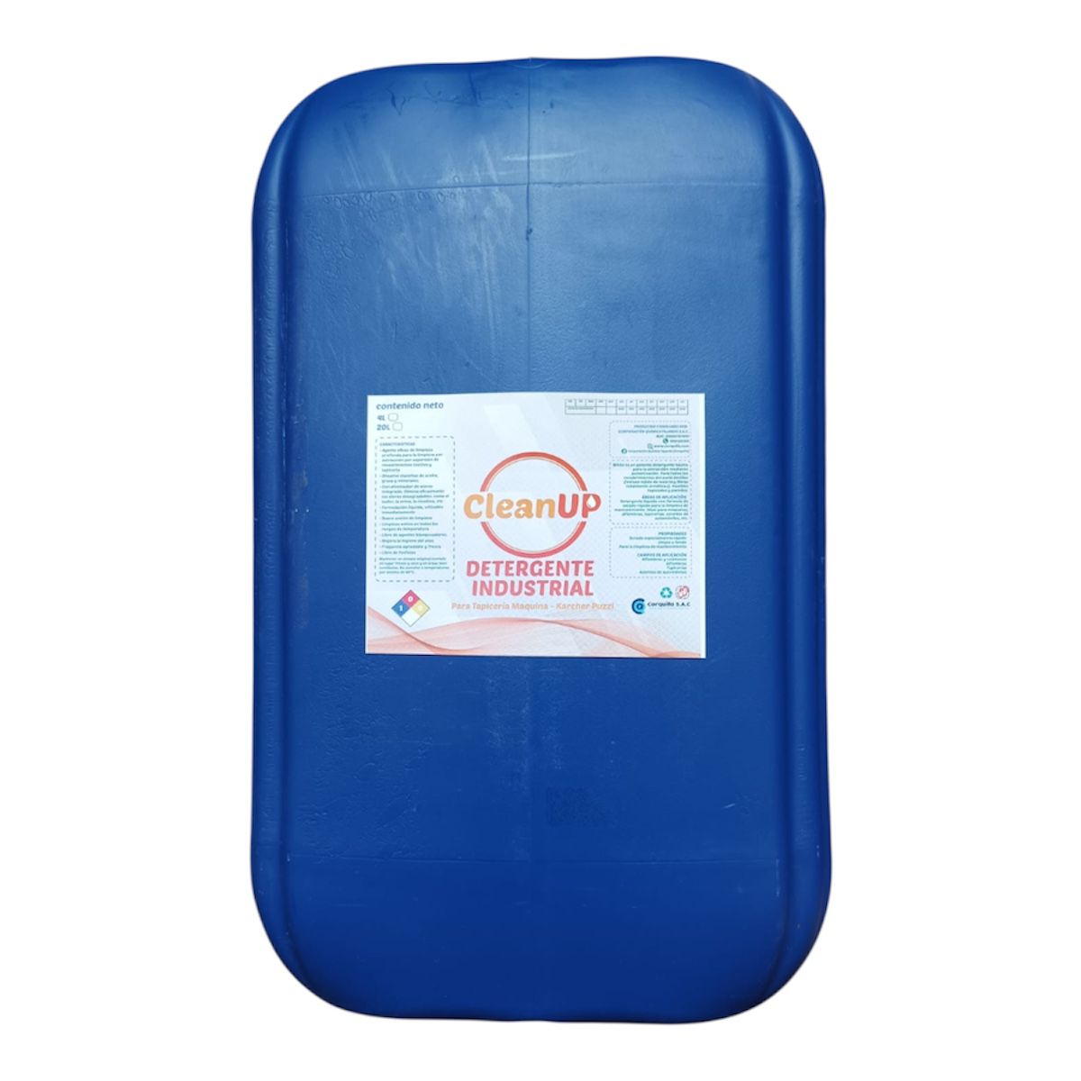 Contenedor de plástico azul con la etiqueta "detergente industrial clean up".