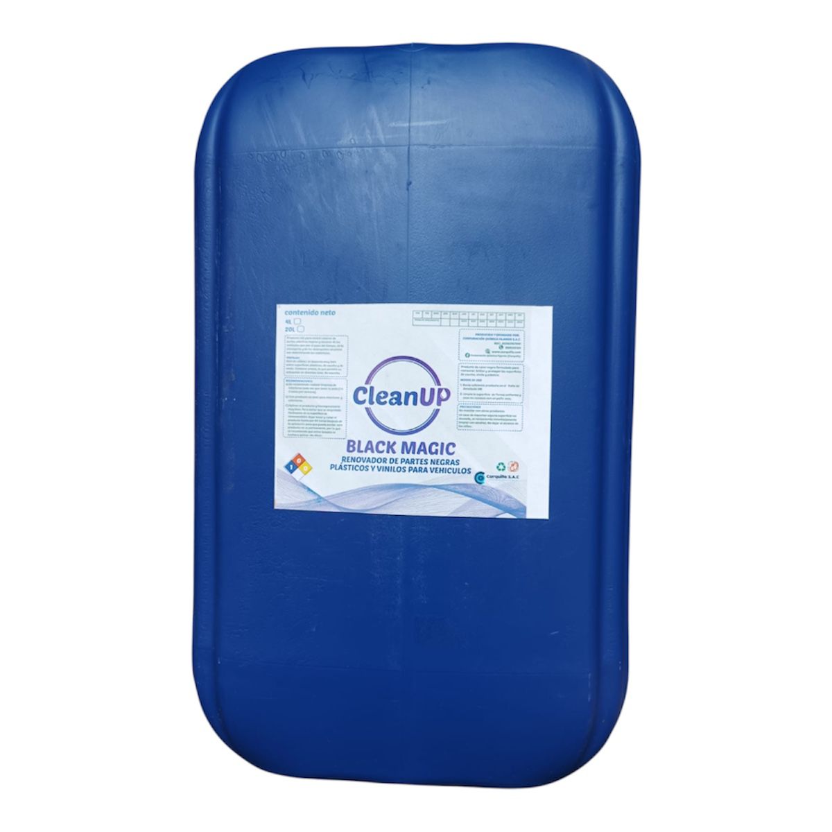Bidon-revonador-plasticos-20l Contenedor azul de plástico con la palabra "black magic" impresa en él.