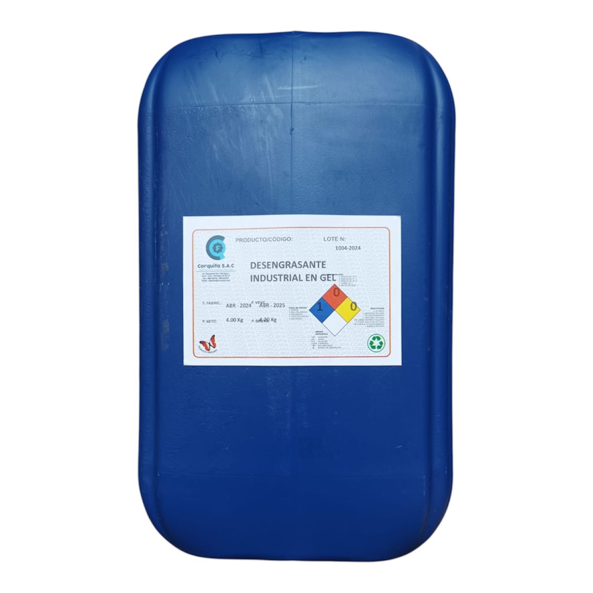Envase de plástico azul con una etiqueta que muestra información.
