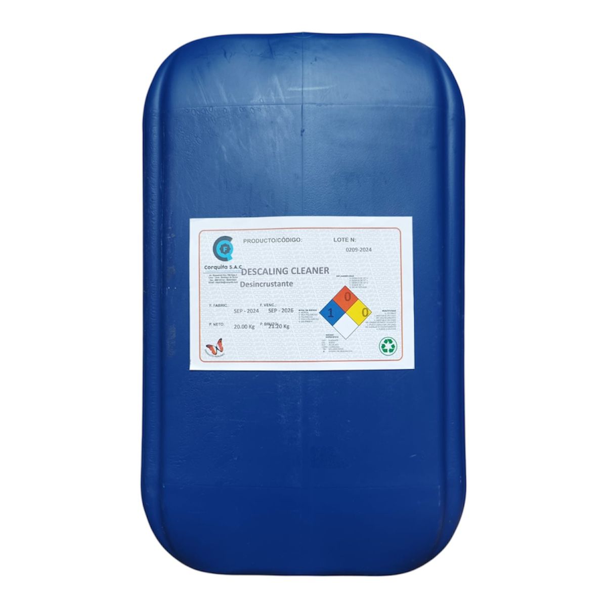 Contenedor de plástico azul con una etiqueta visible en su superficie.