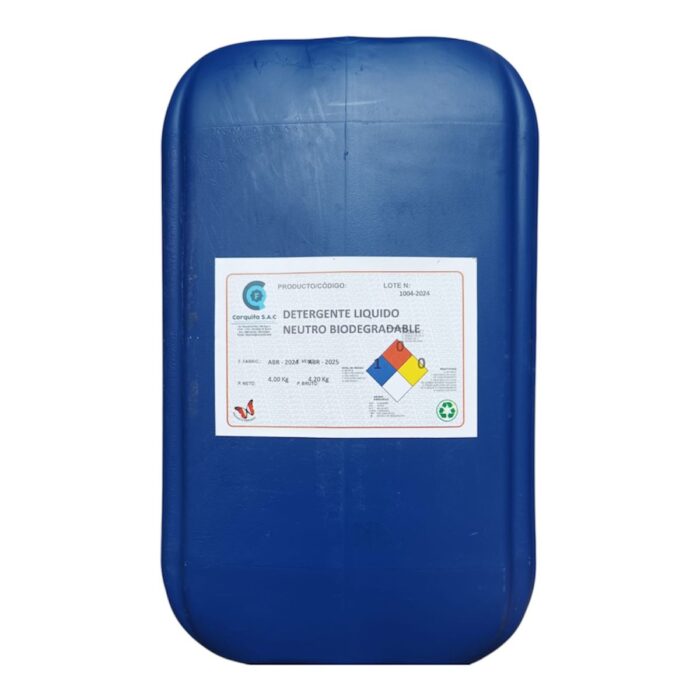 Contenedor de plástico azul con una etiqueta visible en su superficie.