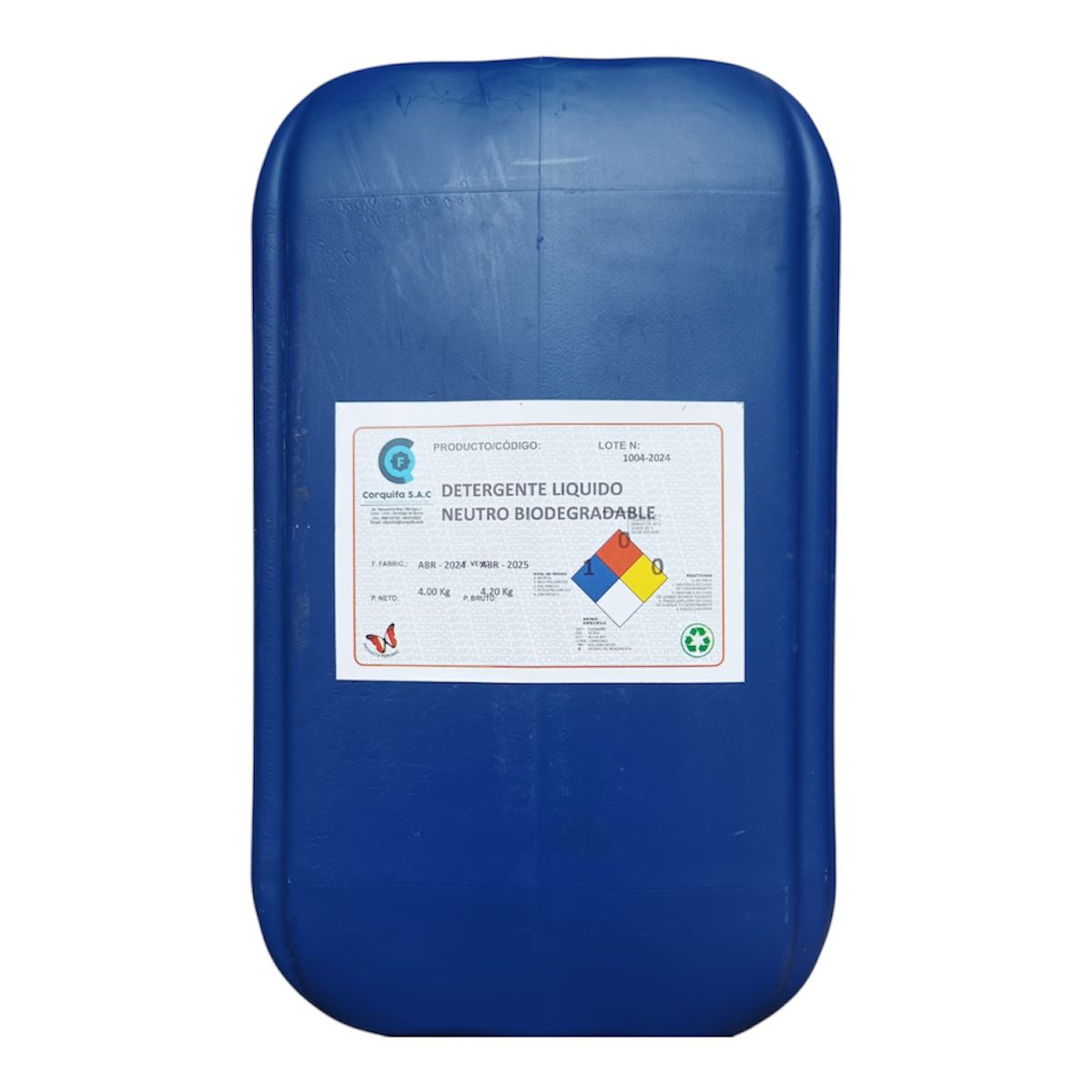 Contenedor de plástico azul con una etiqueta visible en su superficie.