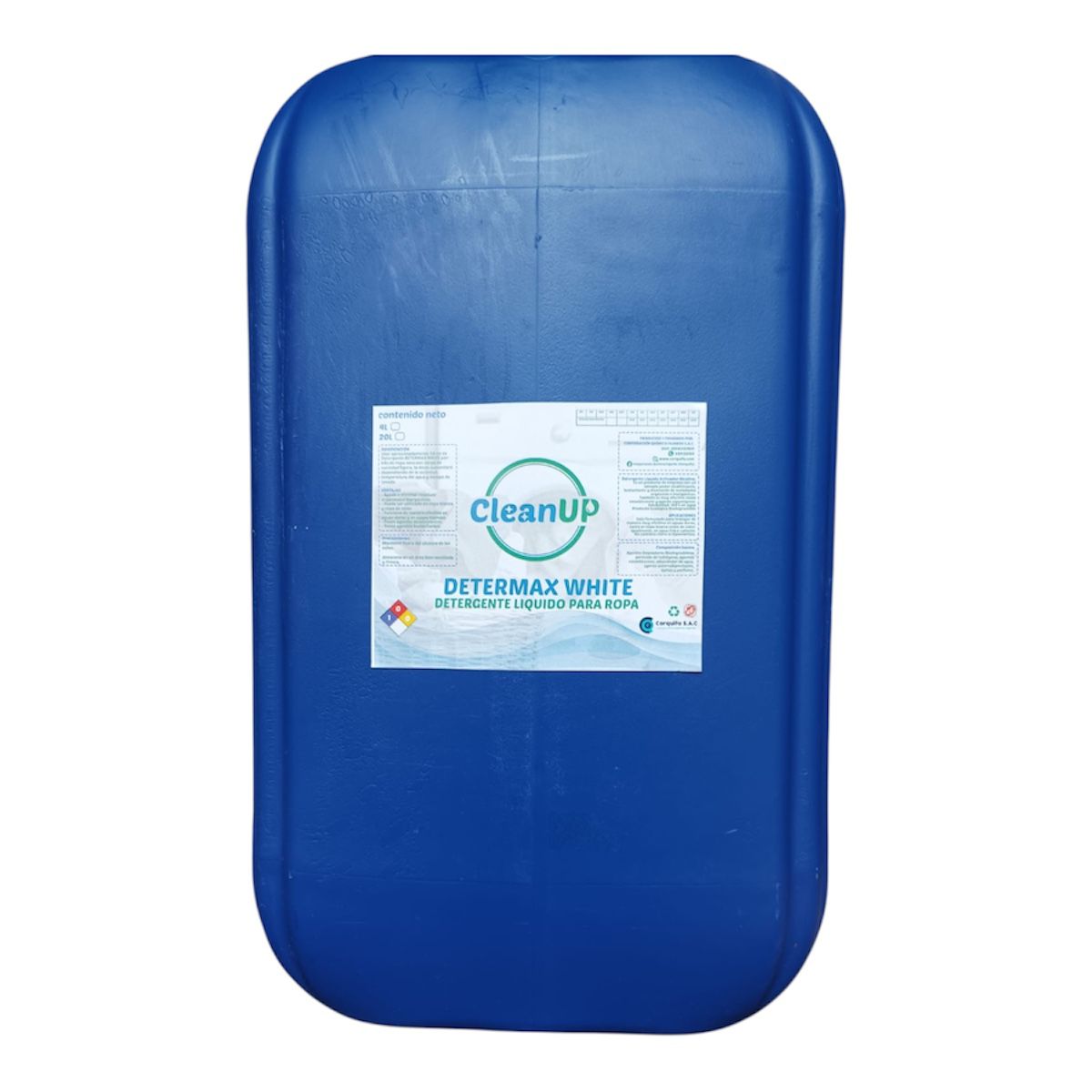 Contenedor de plástico azul con la palabra "cleanup" impresa en él.