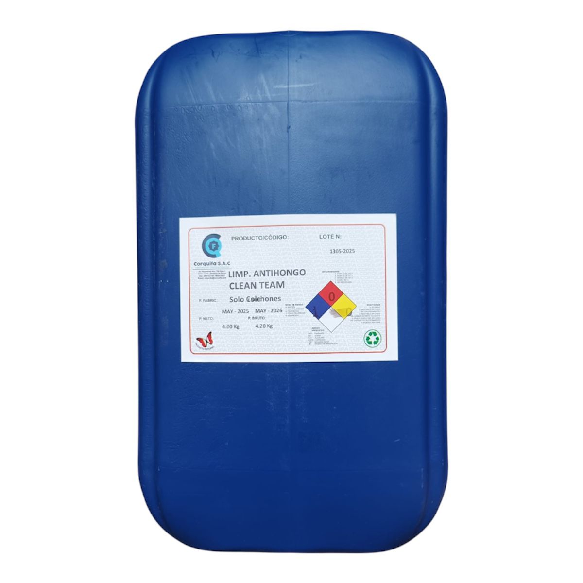 Envase plástico azul etiquetado como "limpiador antihongos".