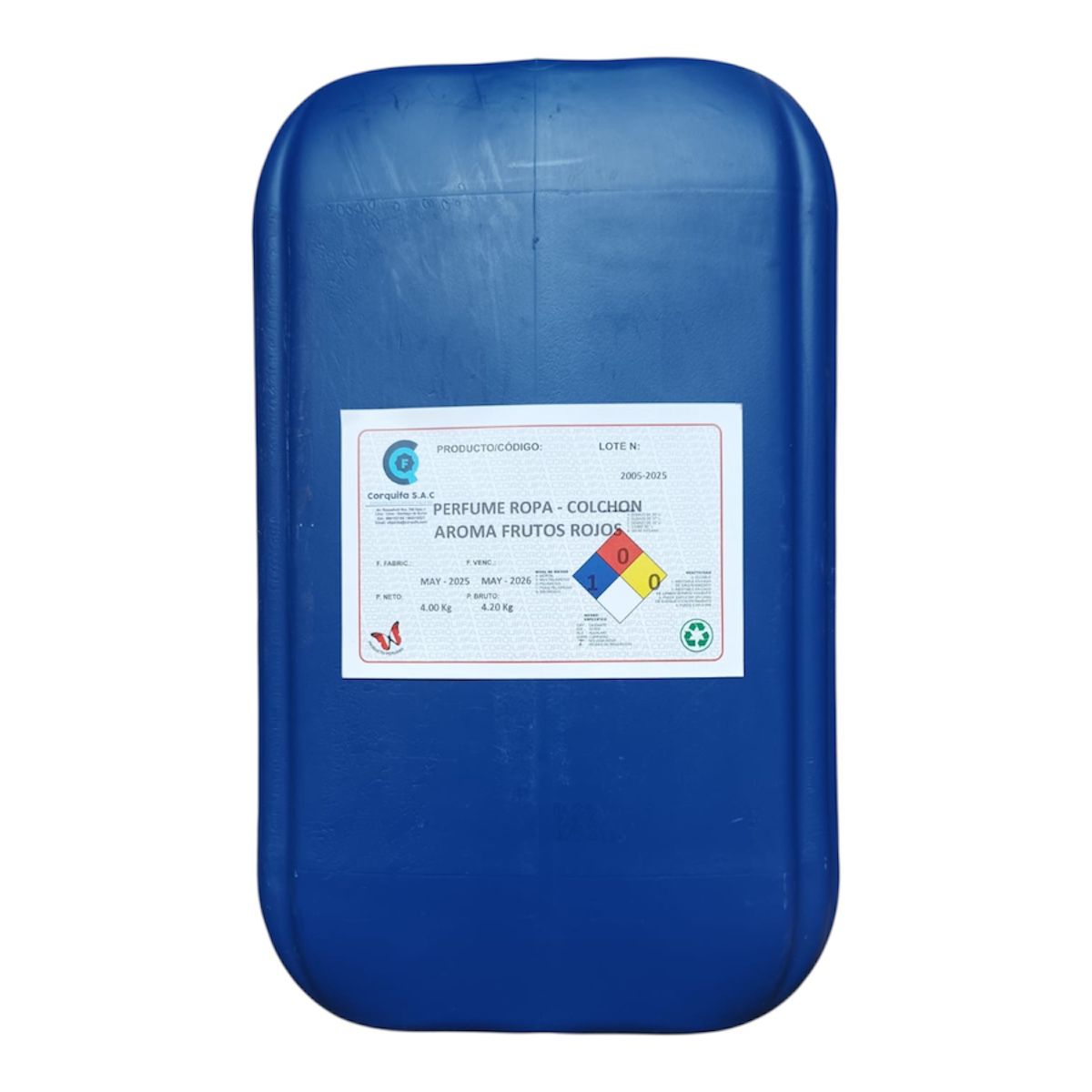 Contenedor de plástico azul con una etiqueta visible en su superficie.