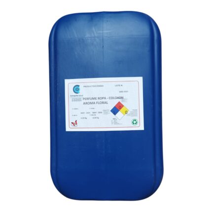 Recipiente azul de plástico con una etiqueta adherida.