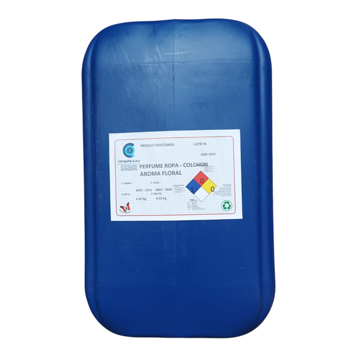 Recipiente azul de plástico con una etiqueta adherida.
