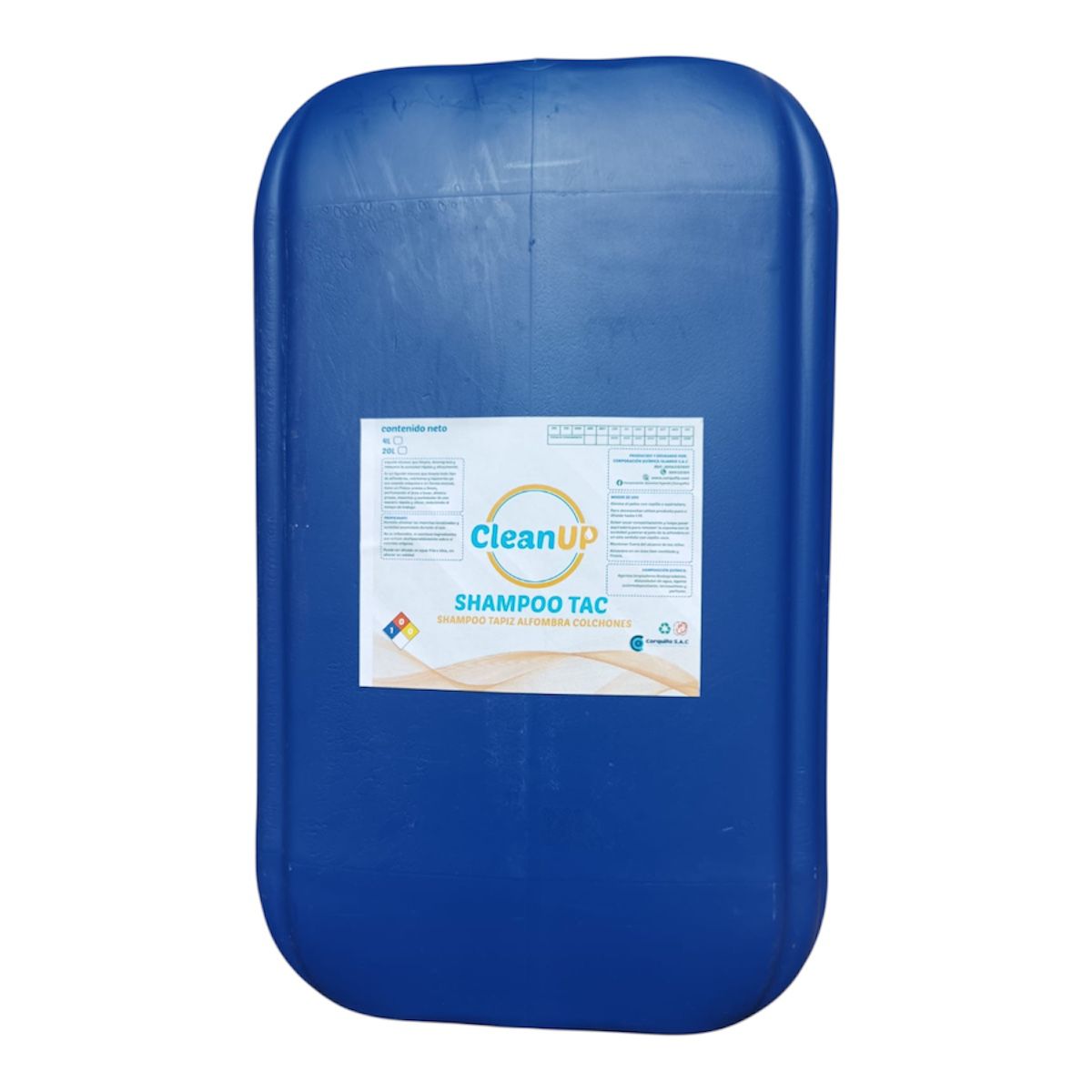 Envase plástico azul con la inscripción "shampoo tac". friendly".