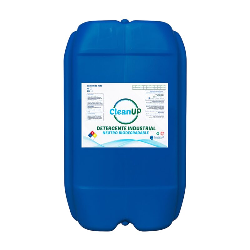 Contenedor plástico azul con una etiqueta en el frente, que contiene detergente liquido neutro industrial