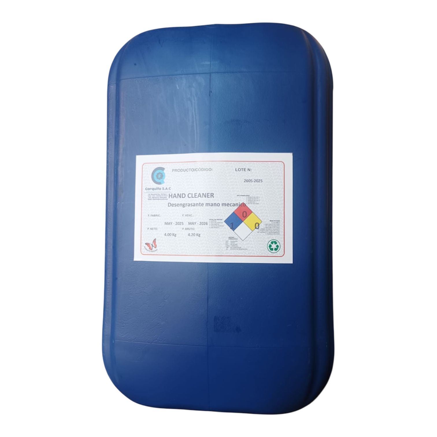 Recipiente azul de plástico con una etiqueta adherida.
