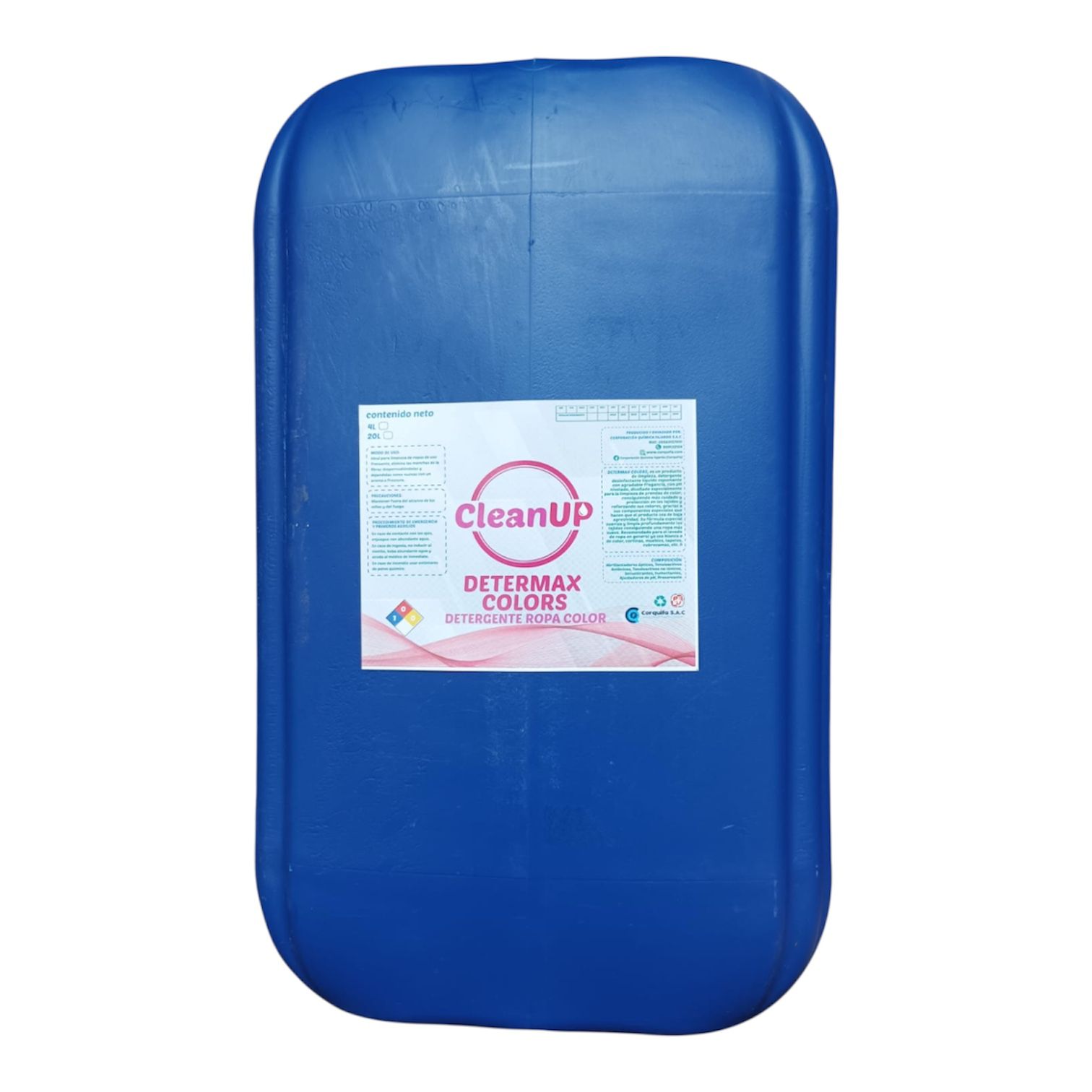 Contenedor azul de plástico con la palabra "cleanup" impresa en él.