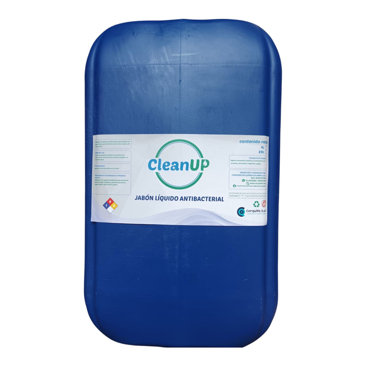 Producto de limpieza en solución acuosa, en contenedor azul con tapa, listo para su uso.