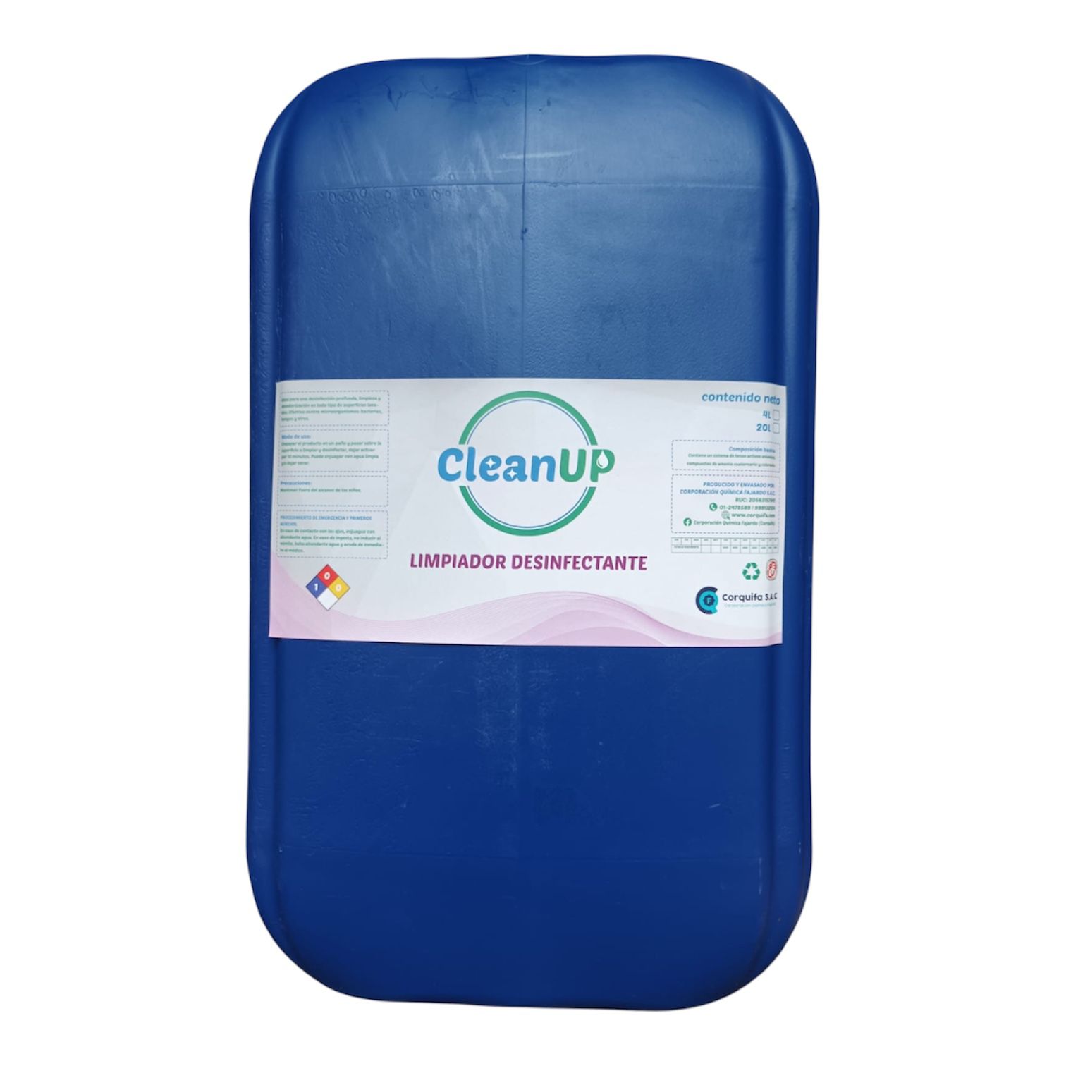 Recipiente de plastico azul con la etiqueta que dice Limpiador Desinfectante