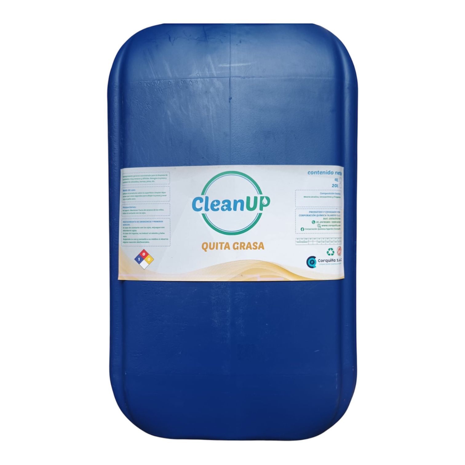 Producto de limpieza en envase azul, efectivo para la limpieza y desinfección de áreas del hogar o la oficina.
