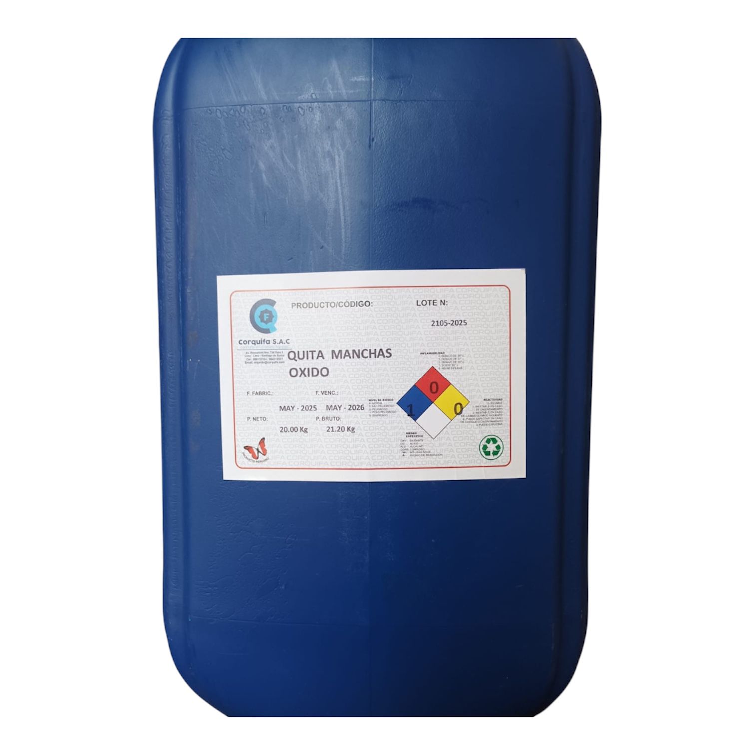 Contenedor de plástico azul utilizado para almacenar un producto químico.