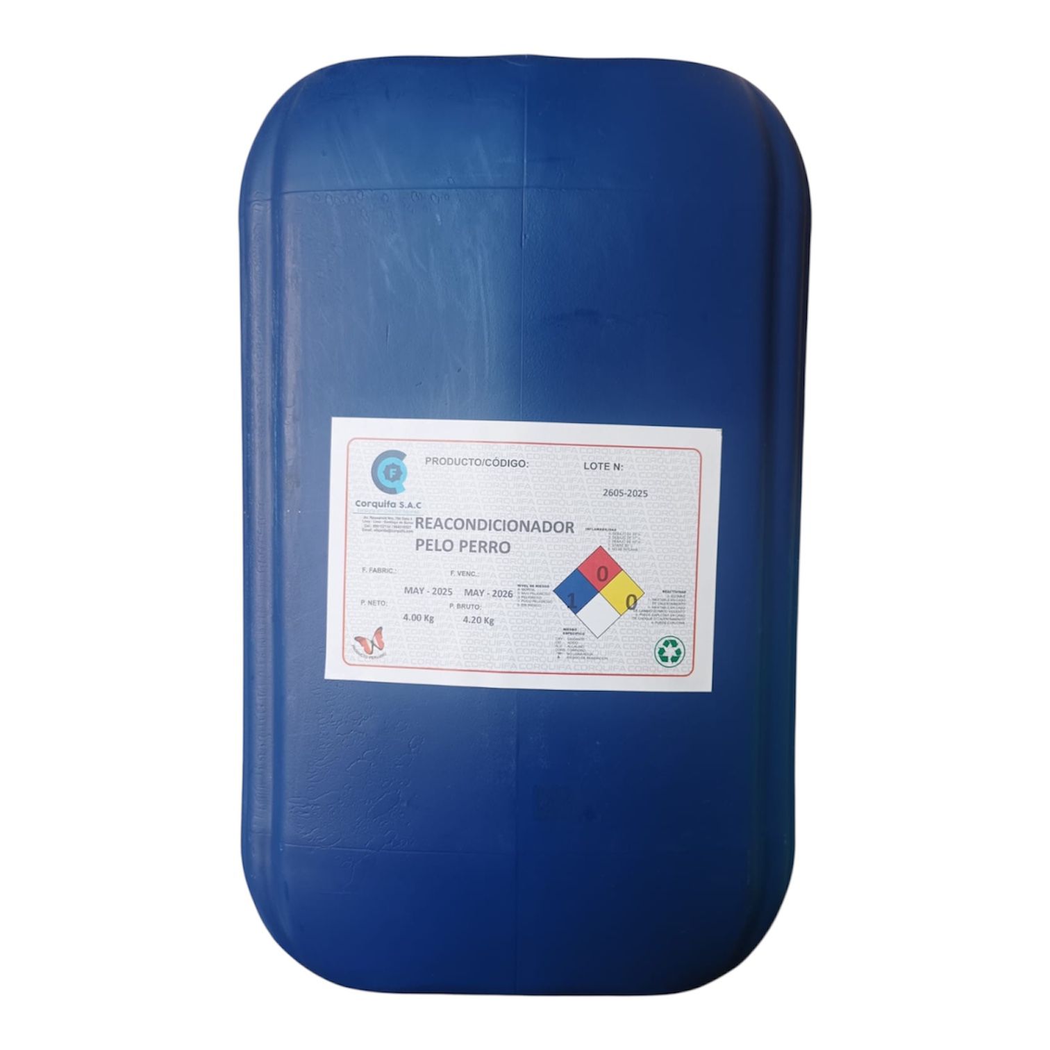 Recipiente azul de plástico con una etiqueta adherida.