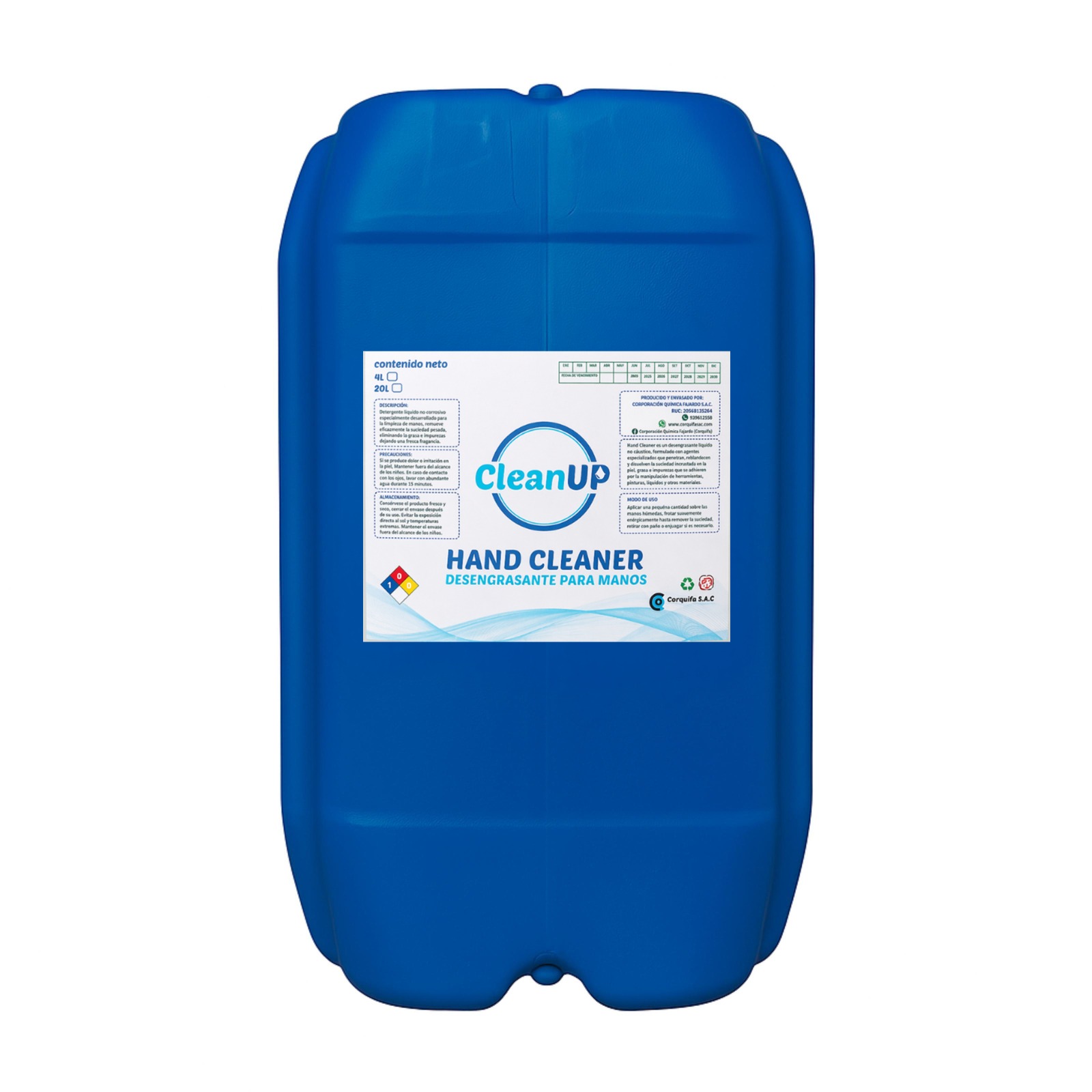 Bidon azul de 20 litros contiene desengrasante para manos mecanico biodegradable.