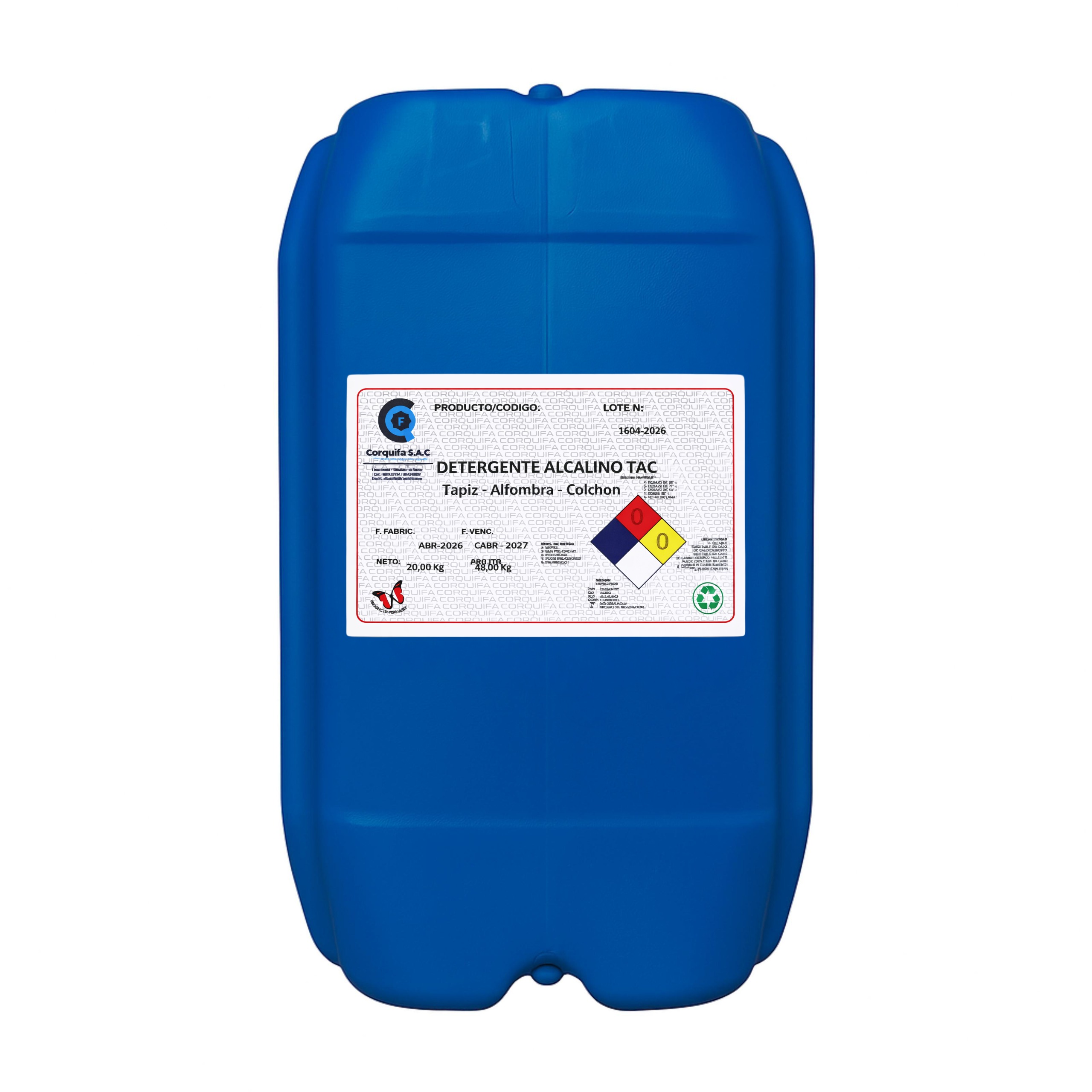 Contenedor de plástico azul con una etiqueta visible en su superficie.