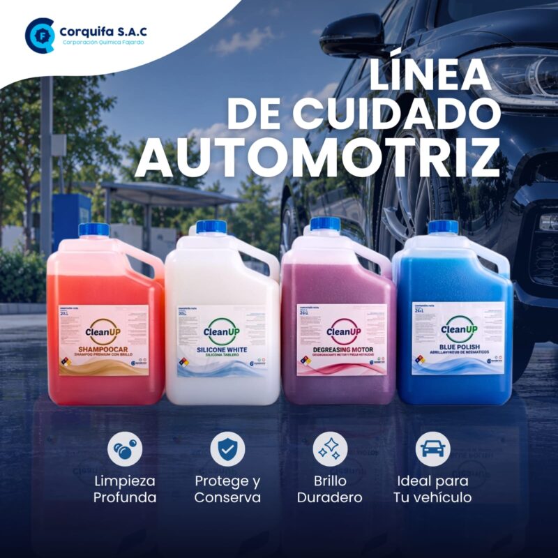 Galones con productos de limpieza automotriz biodegradables