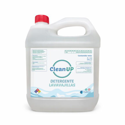 Galon de 4 litros que contiene liquido transparente de detergente para maquinas de lavavajillas