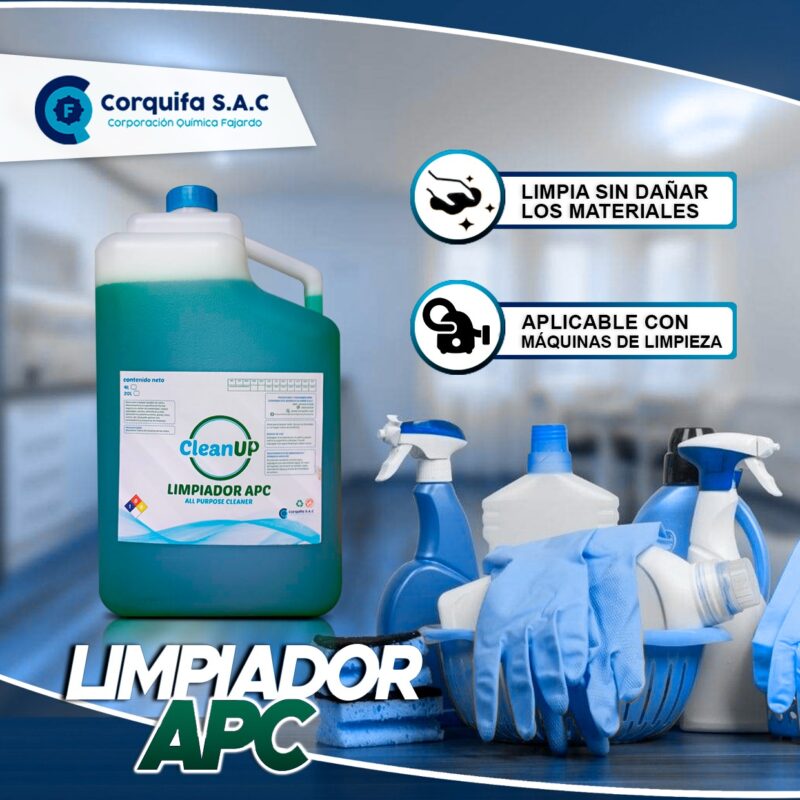• Anuncio publicitario de Corquifa S.A.C. que muestra un galón de Limpiador APC CleanUp de color verde junto a guantes y botellas de limpieza. Incluye textos que destacan que limpia sin dañar materiales y es apto para máquinas de limpieza.