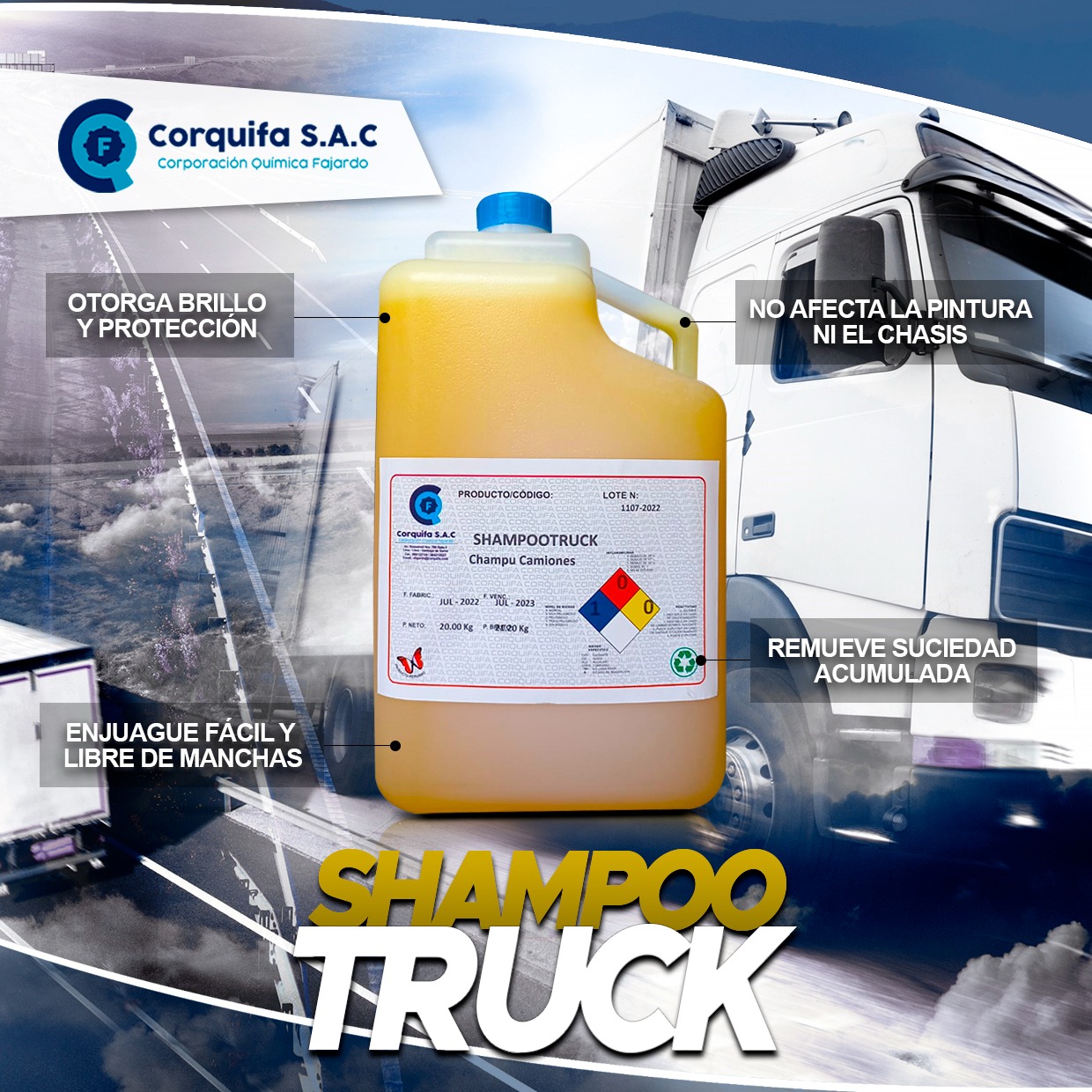 1 galon de 4 litros que contiene liquido de color amarillo de shampoo para camiones
