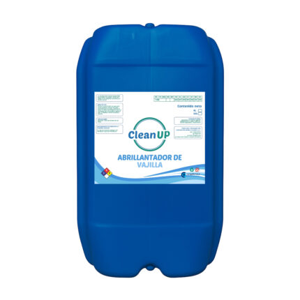 Bidon azul de 20 litros sobre fondo blanco que contiene liquido transparente de abrillantador de vajillas.