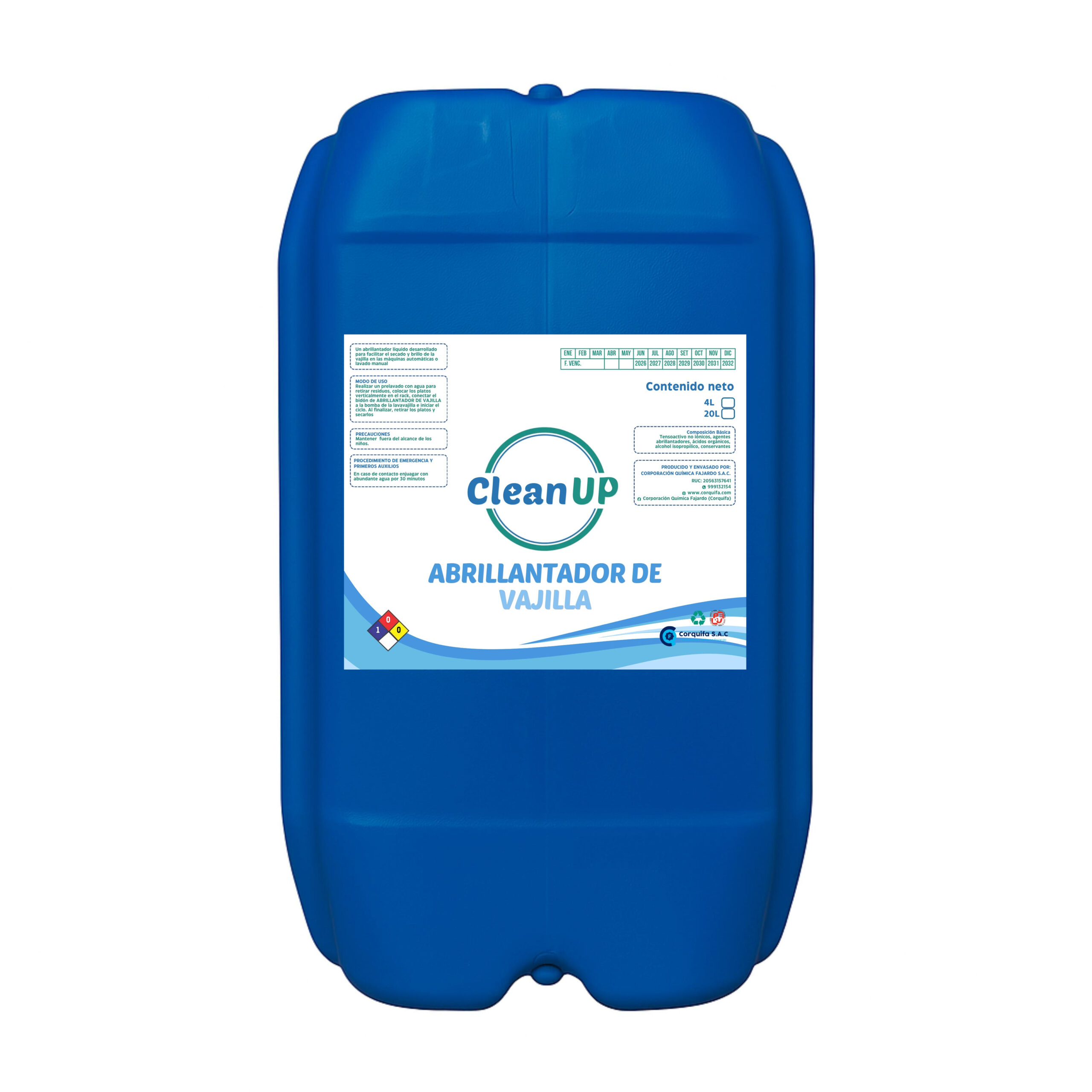 Bidon azul de 20 litros sobre fondo blanco que contiene liquido transparente de abrillantador de vajillas.