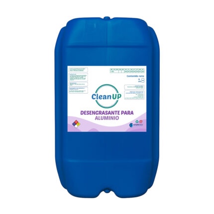 Un bidon azul de 20 litros en fondo blanco que contiene liquido desengrasante para aluminio.
