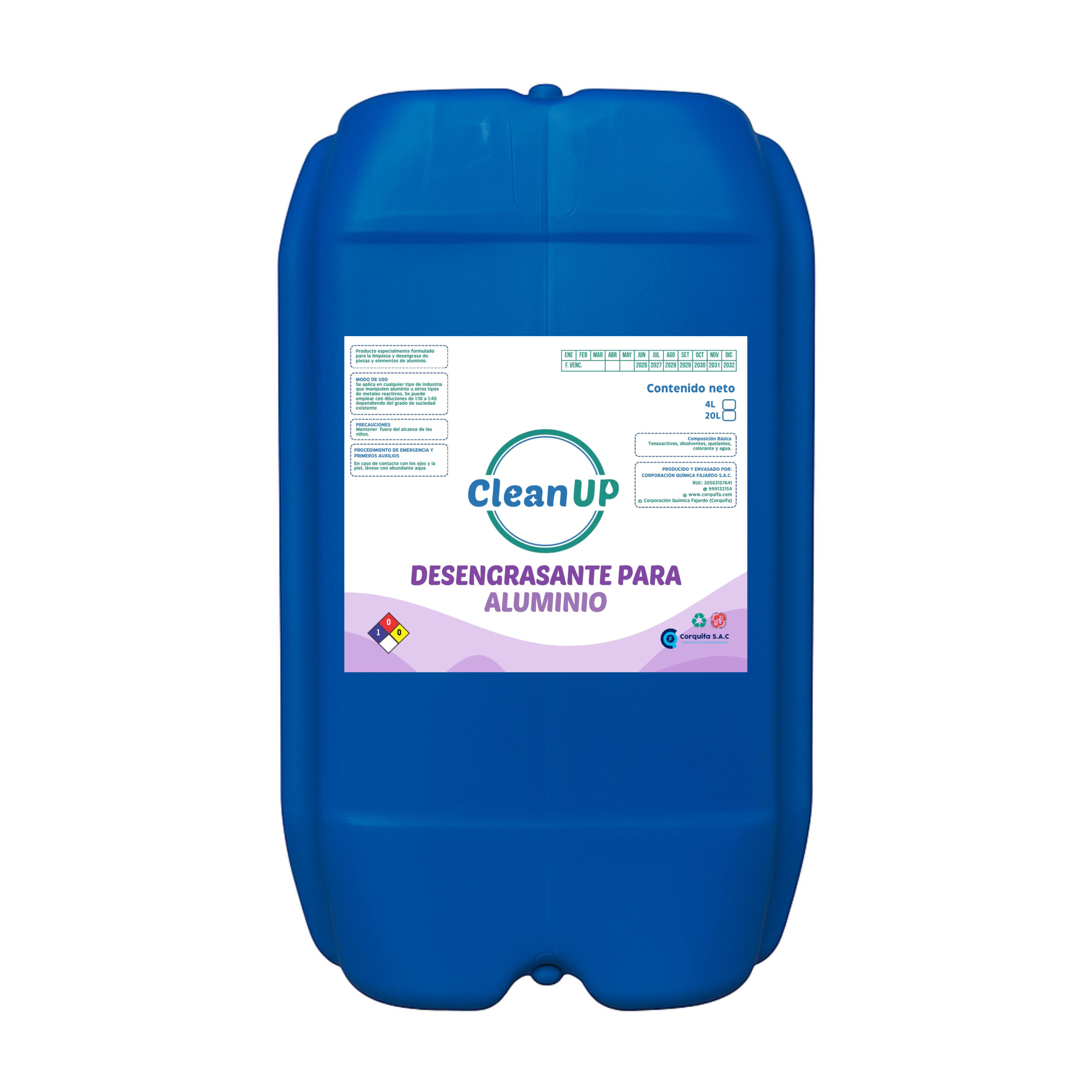 Un bidon azul de 20 litros en fondo blanco que contiene liquido desengrasante para aluminio.