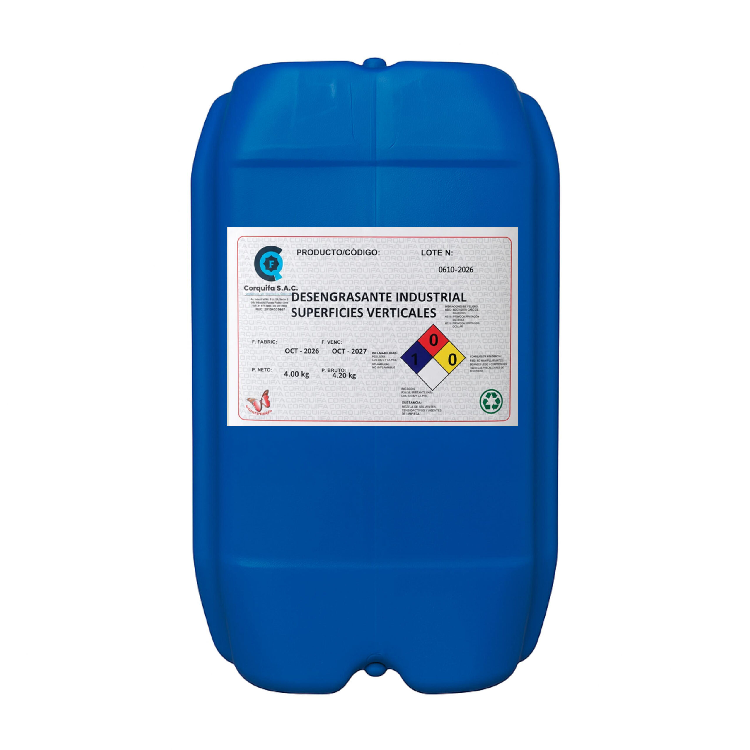 Bidon azul de 20 litros que contiene líquido desengrasante industrial en gel.