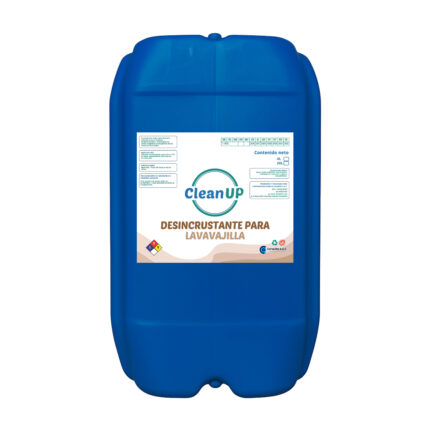 Bidon azul de 20 litros en fondo blanco, que contiene liquido transparente de desincrustante para Lavavajilla.