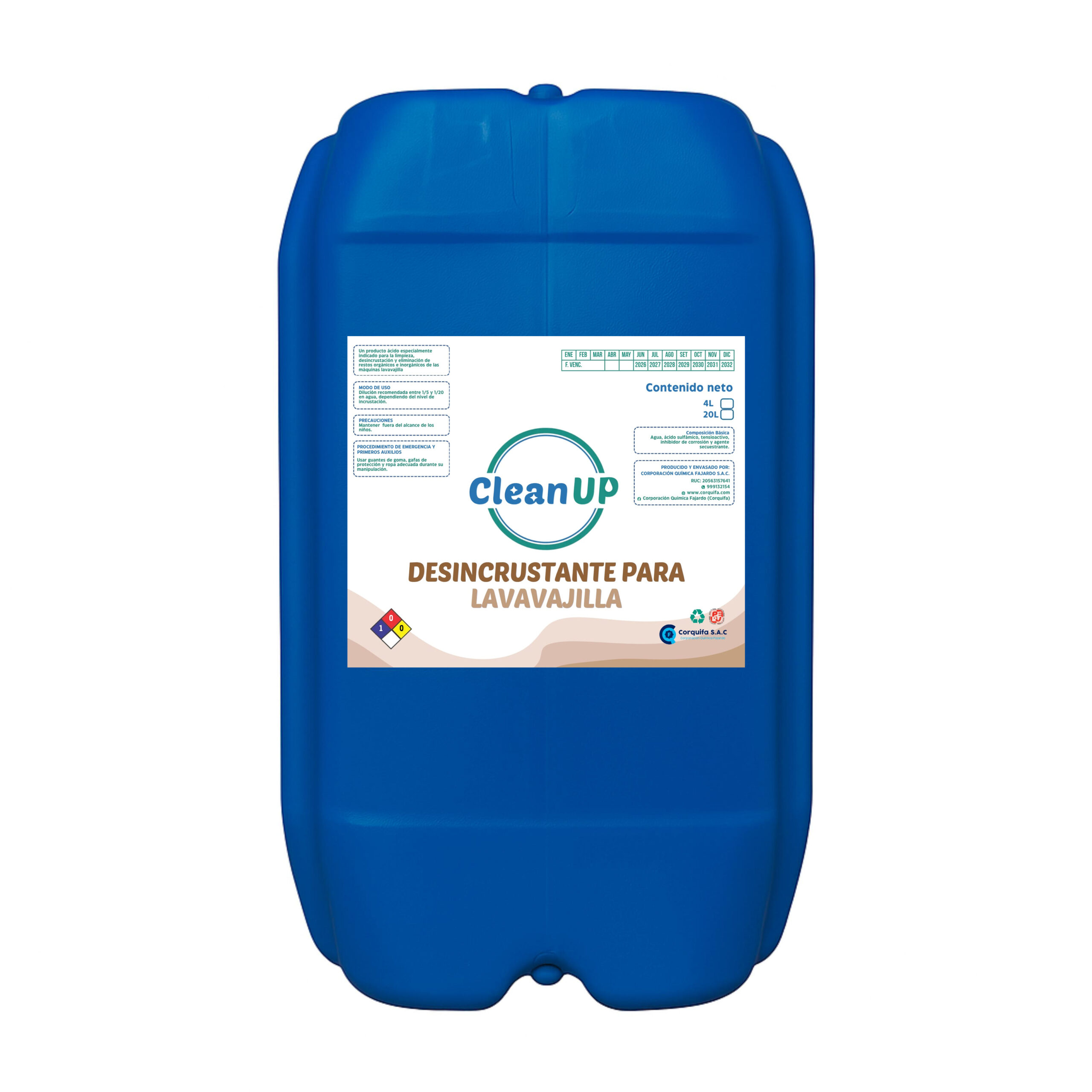 Bidon azul de 20 litros en fondo blanco, que contiene liquido transparente de desincrustante para Lavavajilla.