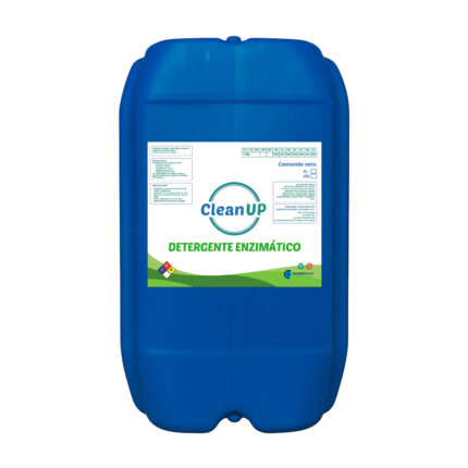Bidon azul de 20 litros que contiene liquido color morado de detergente enzimatico.