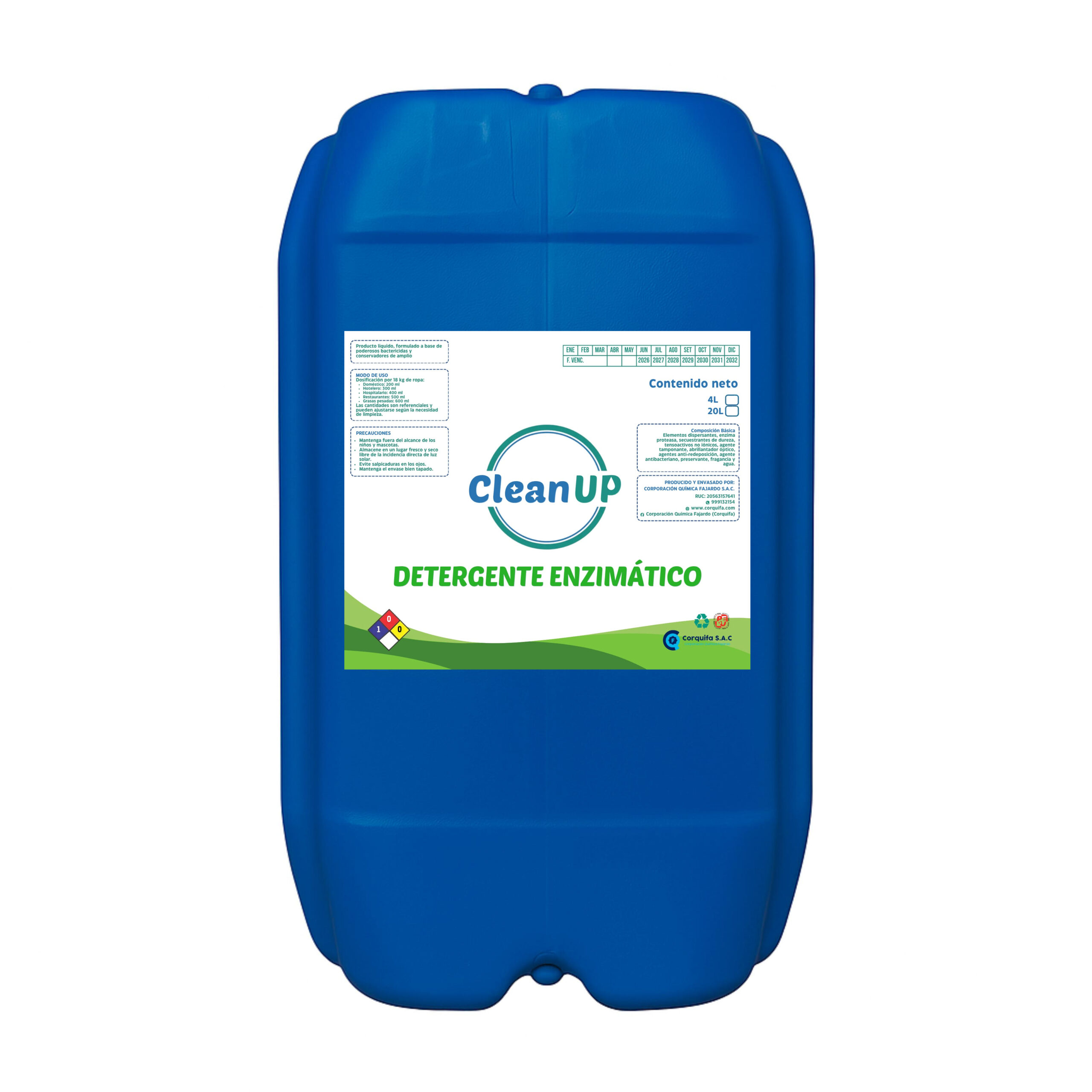 Bidon azul de 20 litros que contiene liquido color morado de detergente enzimatico.