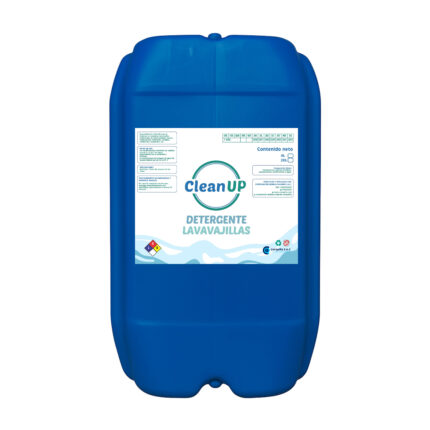 Bidon azul de 20 litros que contiene liquido transparente de detergente para maquinas de lavavajillas.