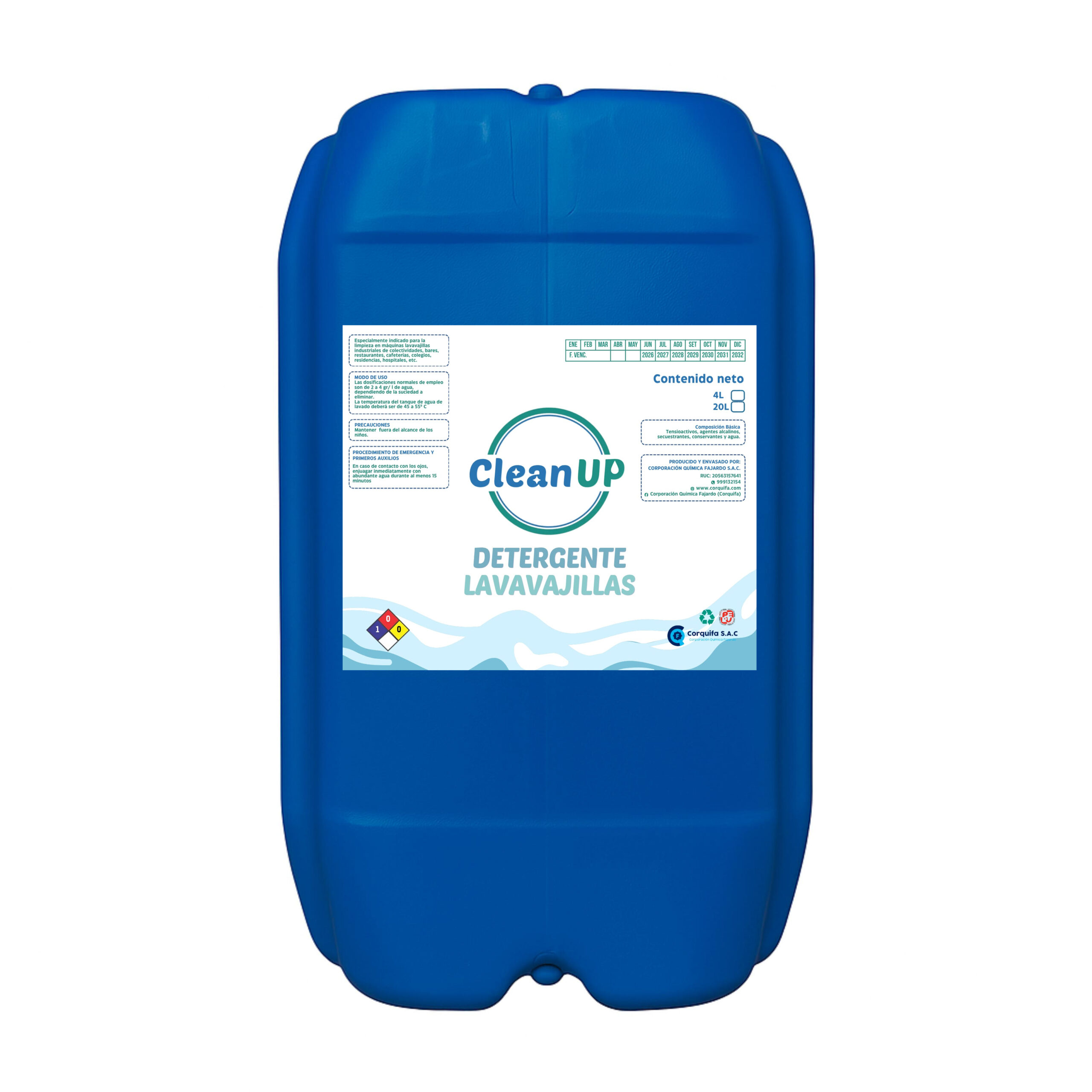 Bidon azul de 20 litros que contiene liquido transparente de detergente para maquinas de lavavajillas.