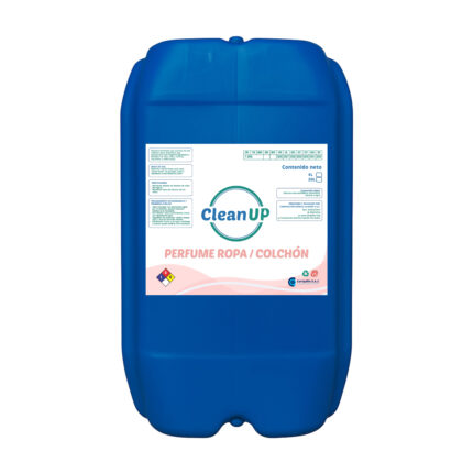 Recipiente azul de plástico con una etiqueta adherida que contiene liquido de perfume para ropa colchon.
