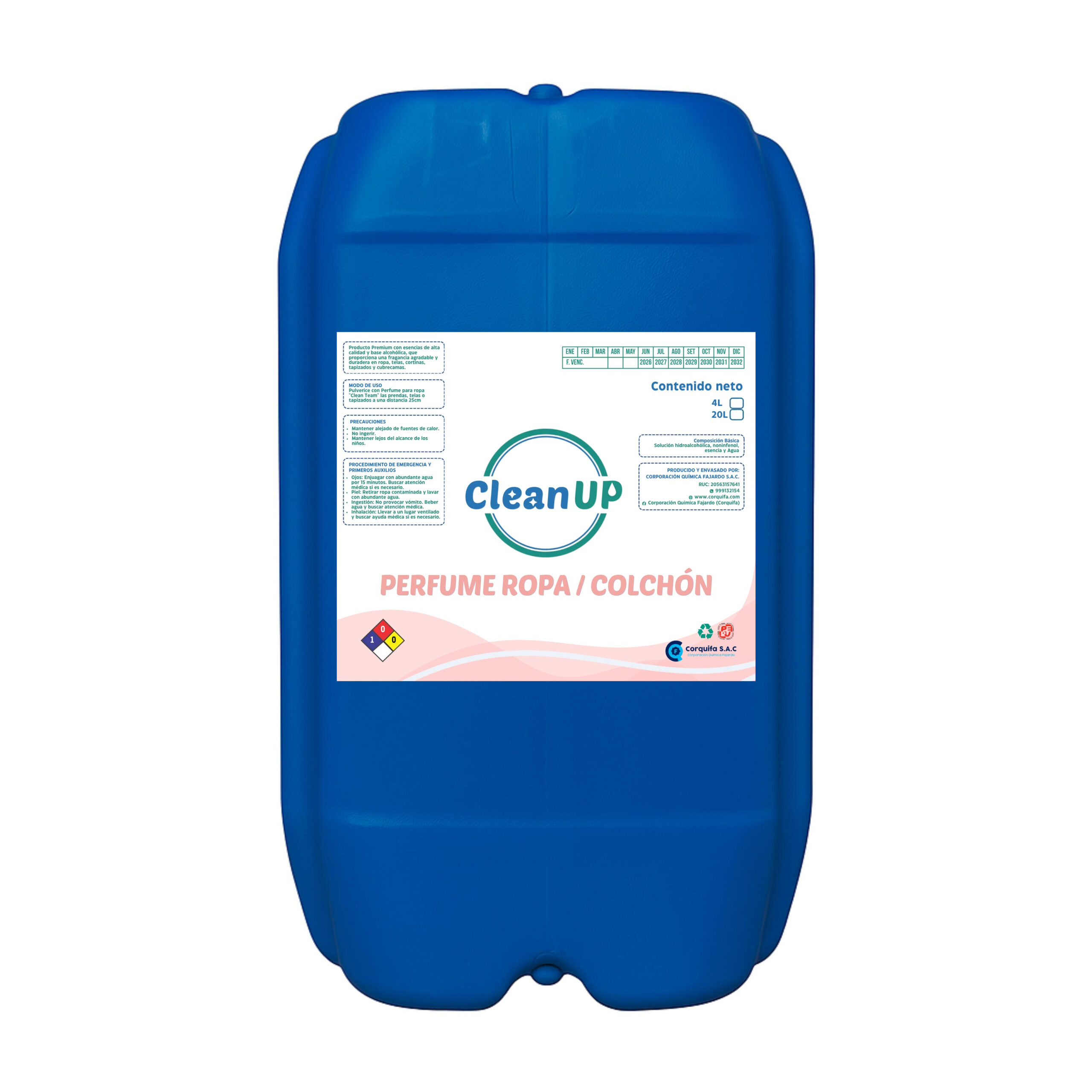 Recipiente azul de plástico con una etiqueta adherida que contiene liquido de perfume para ropa colchon.