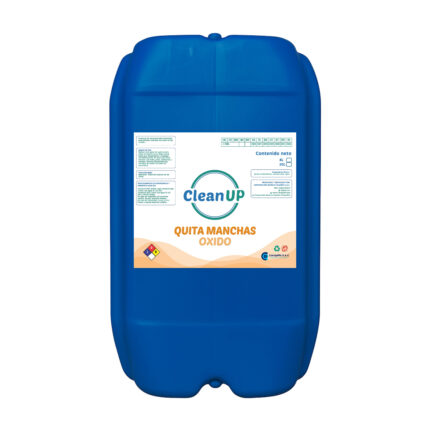 Contenedor de plástico azul utilizado para almacenar un producto liquido químico que contiene quita manchas de oxido