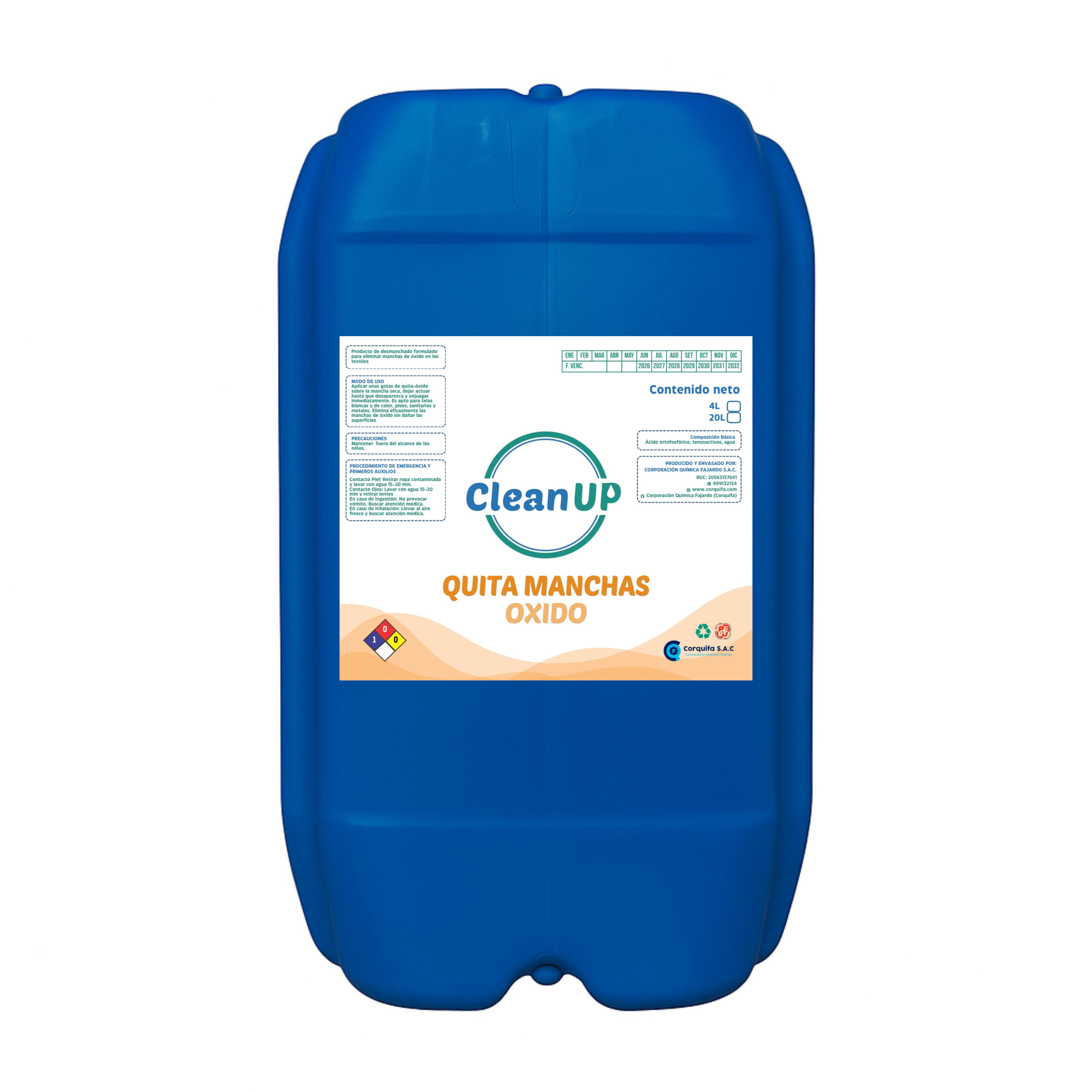 Contenedor de plástico azul utilizado para almacenar un producto liquido químico que contiene quita manchas de oxido