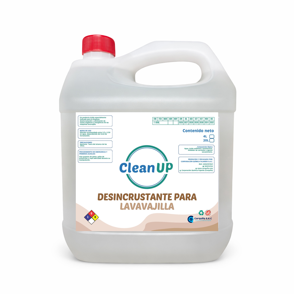 Galon de 4 litros en fondo blanco, que contiene liquido transparente de desincrustante para Lavavajilla.