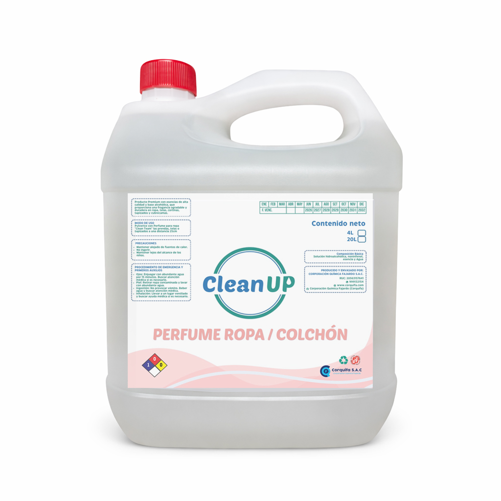 Un galón de líquido sobre una superficie blanca, utilizado como perfumador para colchones.